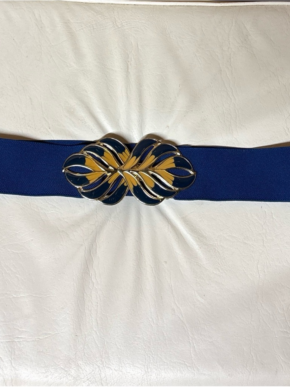 Vintage Elastic Waist Belt with Navy and Gold Decorative Buckle